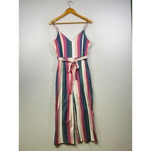 Promesa Striped Wide Leg Jumpsuit Belted V Neck Spaghetti Strap Womens Size L